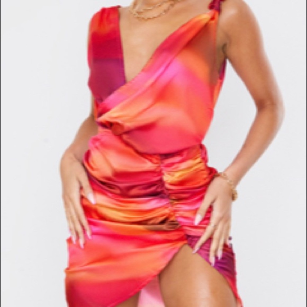 Pink Abstract Print Satin Plunge Wrap Ruched
Bodycon Dress